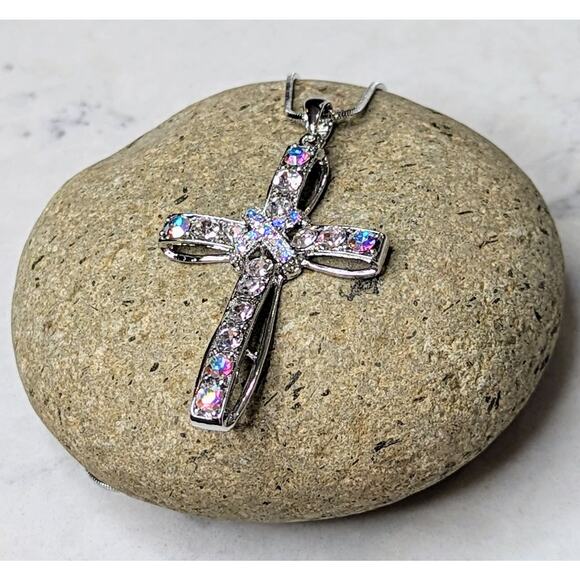 White Gold Plated Crystal Cross Necklace - Picture 3 of 12